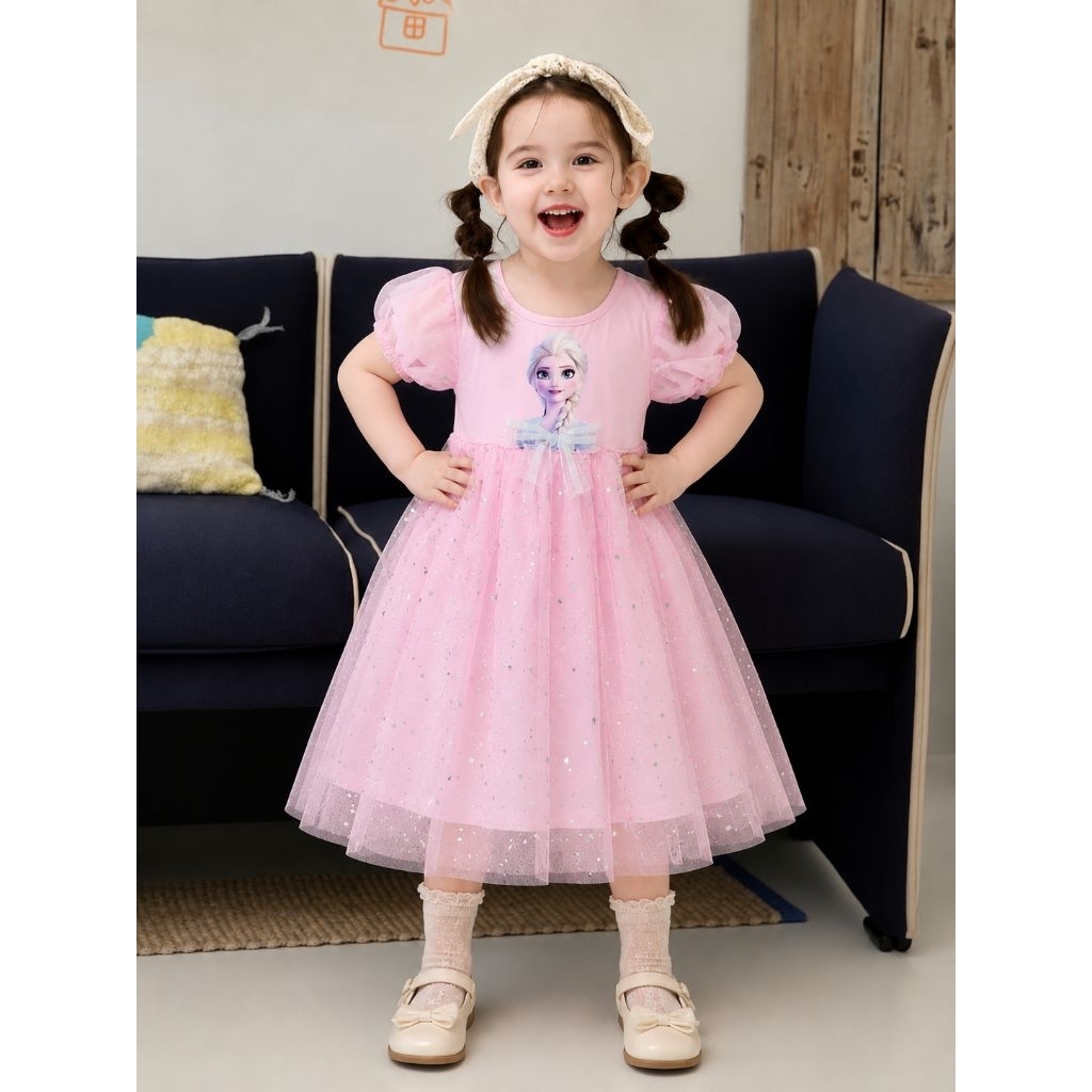 XẢ SIZE NHÍ Váy công chúa Elisa cho bé 2-7T cotton 100% ngắn tay, dài tay giãn 4 chiều, đầm công chúa màu hồng, xanh