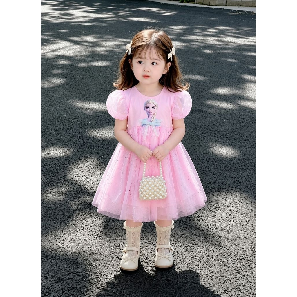 XẢ SIZE NHÍ Váy công chúa Elisa cho bé 2-7T cotton 100% ngắn tay, dài tay giãn 4 chiều, đầm công chúa màu hồng, xanh
