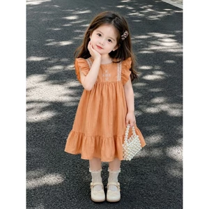 XẢ SIZE NHÍ Váy Đầm Bé Bernie Màu Cam Đất Gái 1-2 Tuổi Cotton Ren Thêu Hoa Siêu Mềm Mát Thấm Hút Tốt