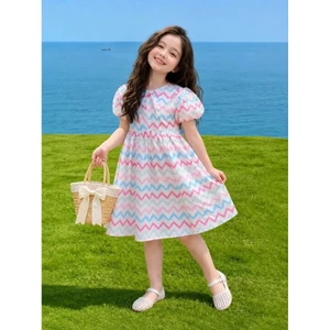 Váy đầm xinh bé gái 1-10T 10-40kg kẻ sóng tay bồng Sofia đi học đi chơi