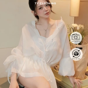 Set Tơ Ba Món Bo Eo Màu Trắng/ Màu Nâu - Hàng Thiết Kế - TY CLOTHING