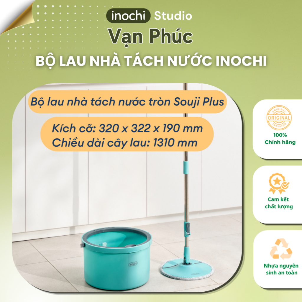 Bộ cây lau nhà tách nước Inochi, tách nước sạch, vắt khô ráo, lau sạch sẽ, đa năng