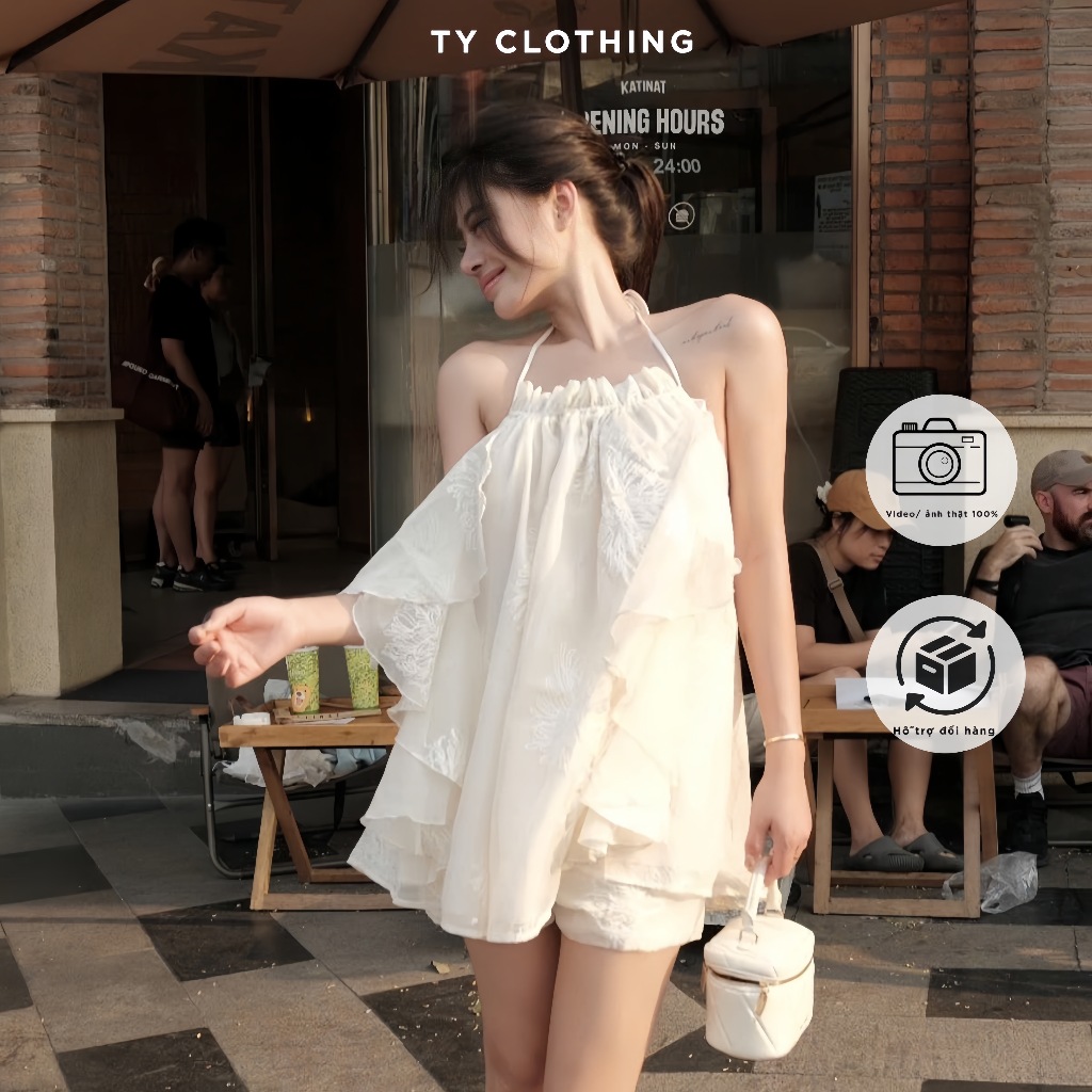 Set váy Babydoll Bèo Nhún Trước Ngực Dây Cổ Vải Hoạ Tiết Hoa Văn - Màu Be - Hàng Thiết Kế - TY CLOTHING
