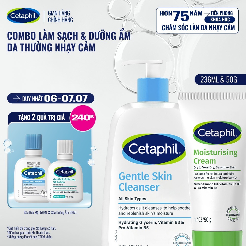 Combo Làm sạch và Dưỡng ẩm cho da thường nhạy cảm Cetaphil Gentle Skin Cleanser 236ml + Cetaphil Moisturizing 50gr