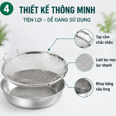 Bộ Khay Lọc Dầu Inox 304 22cm Kèm Vỉ Lọc Dầu Chiên Đa Năng Tặng Khăn Lau
