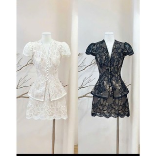 Set váy thiết kế sang trọng áo tay bồng cổ chữ V và chân váy ngắn chữ A xòe nhẹ