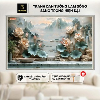 Tranh dán tường lam sóng sang trọng, tranh decor hiện đại, lụa kim tuyến cao cấp, tranh decor phòng khách