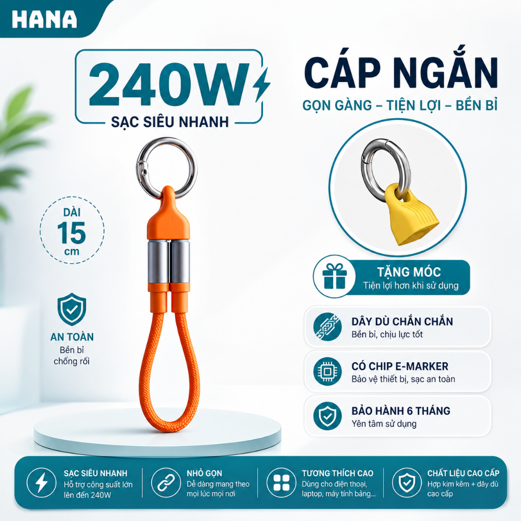 Cáp Sạc Ngắn 15cm 240W Từ Tính Hai Đầu – Kèm móc treo -  Sạc Nhanh - Bảo hành 6 tháng