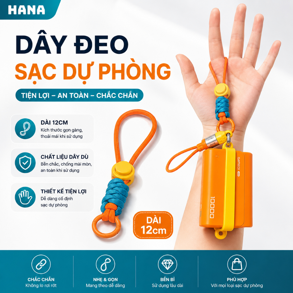 Dây đeo sạc dự phòng - điện thoại - Móc chìa khoá 2 màu - Bện vải chắc chắn
