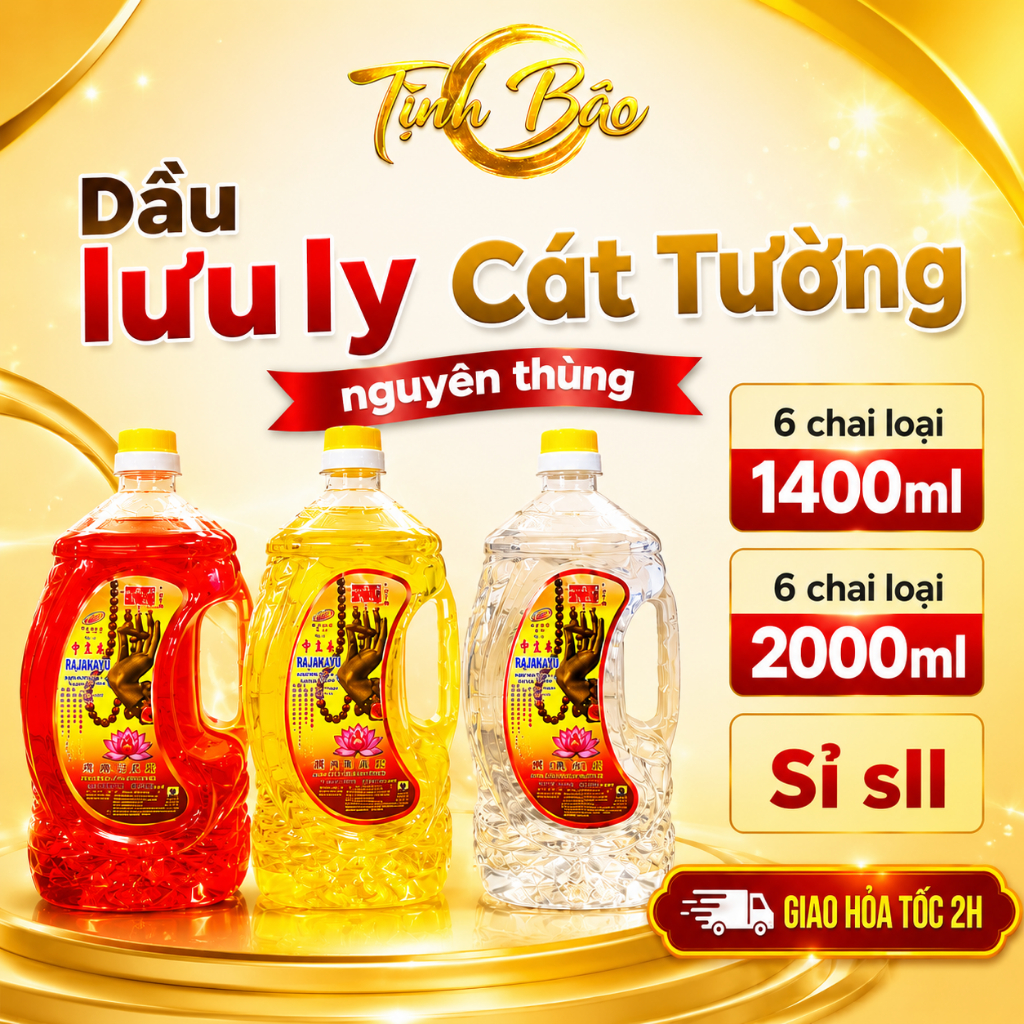 Thùng 6 Chai Dầu Lưu Ly Cát Tường 1kg/1.2kg - Không Mùi, Không Khói, Dùng Cho Đèn Thờ Cúng