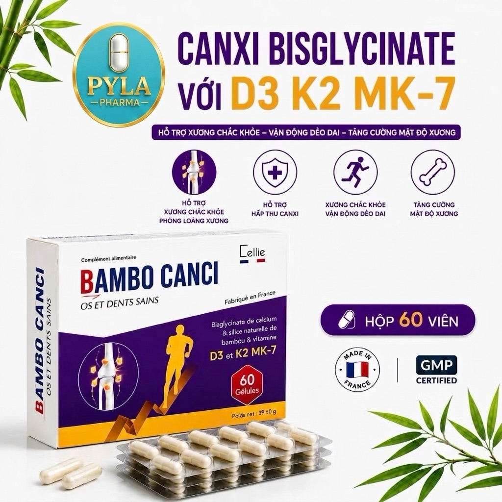 BAMBO CANXI D3 K2 MK7 Nhập Khẩu Pháp - Canxi Hữu Cơ,Hỗ Trợ Xương Khớp, Chắc Răng, Bổ Sung Canxi 60 Viên
