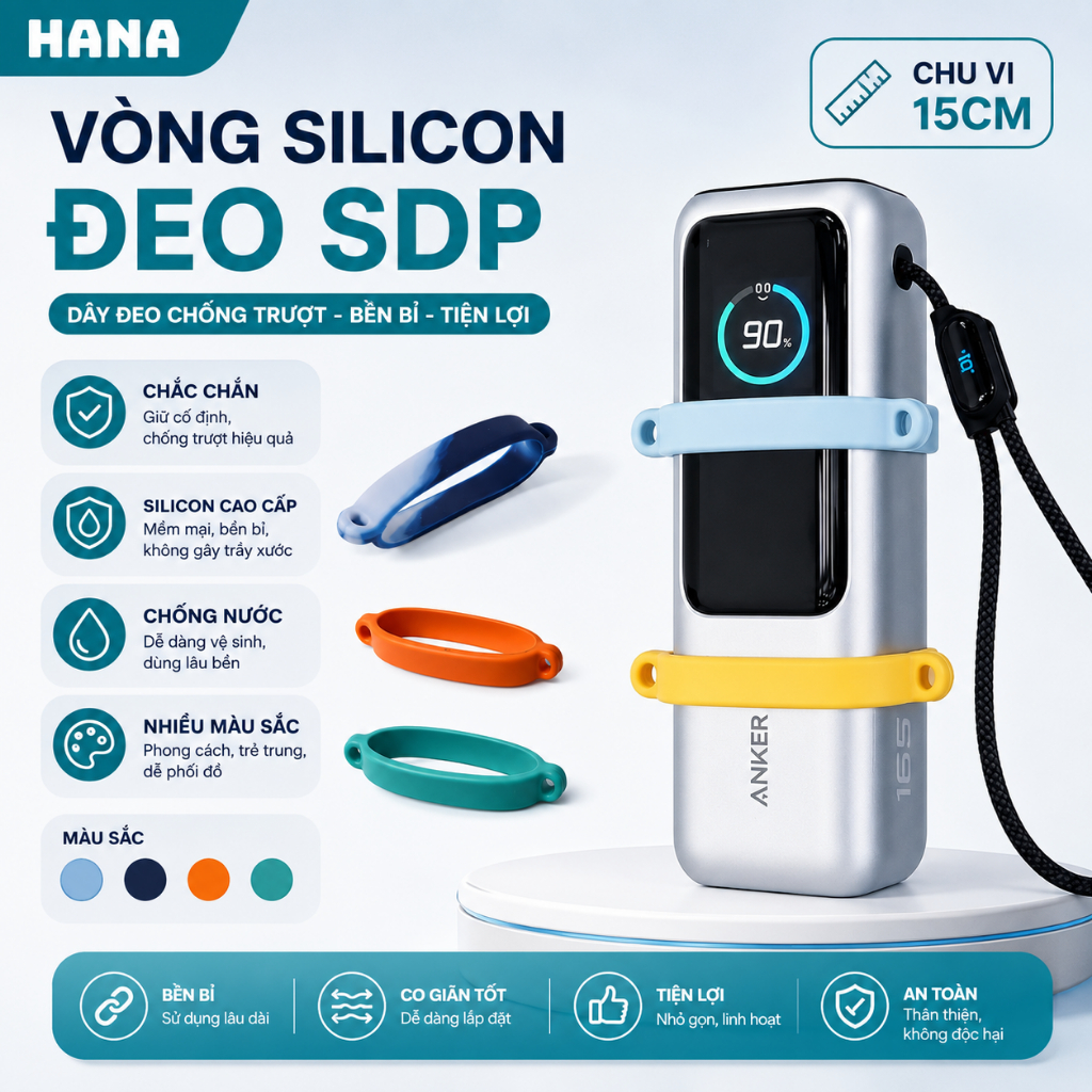Vòng Silicon đeo sạc dự phòng, co dãn, chống trượt, chu vi 15cm, phù hợp với sạc dự phòng 10k -20kmAh