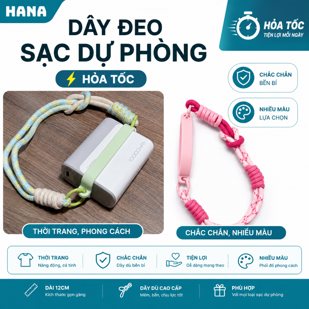 Bộ dây đeo sạc dự phòng kèm vòng silicon co dãn - chu vi 15cm, decor sạc dự phòng