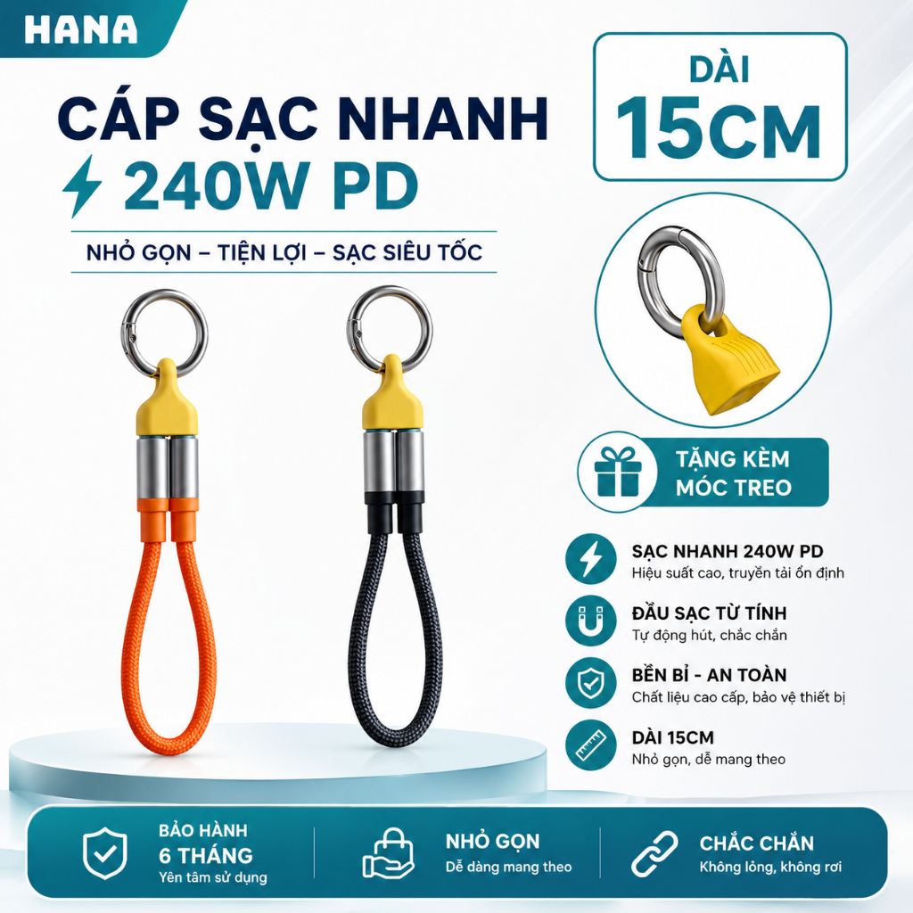 Cáp Sạc Ngắn 15cm 240W Từ Tính Hai Đầu –  Sạc Nhanh Cho Pin Dự Phòng – Nam Châm Hít, Bện Dù Siêu Bền