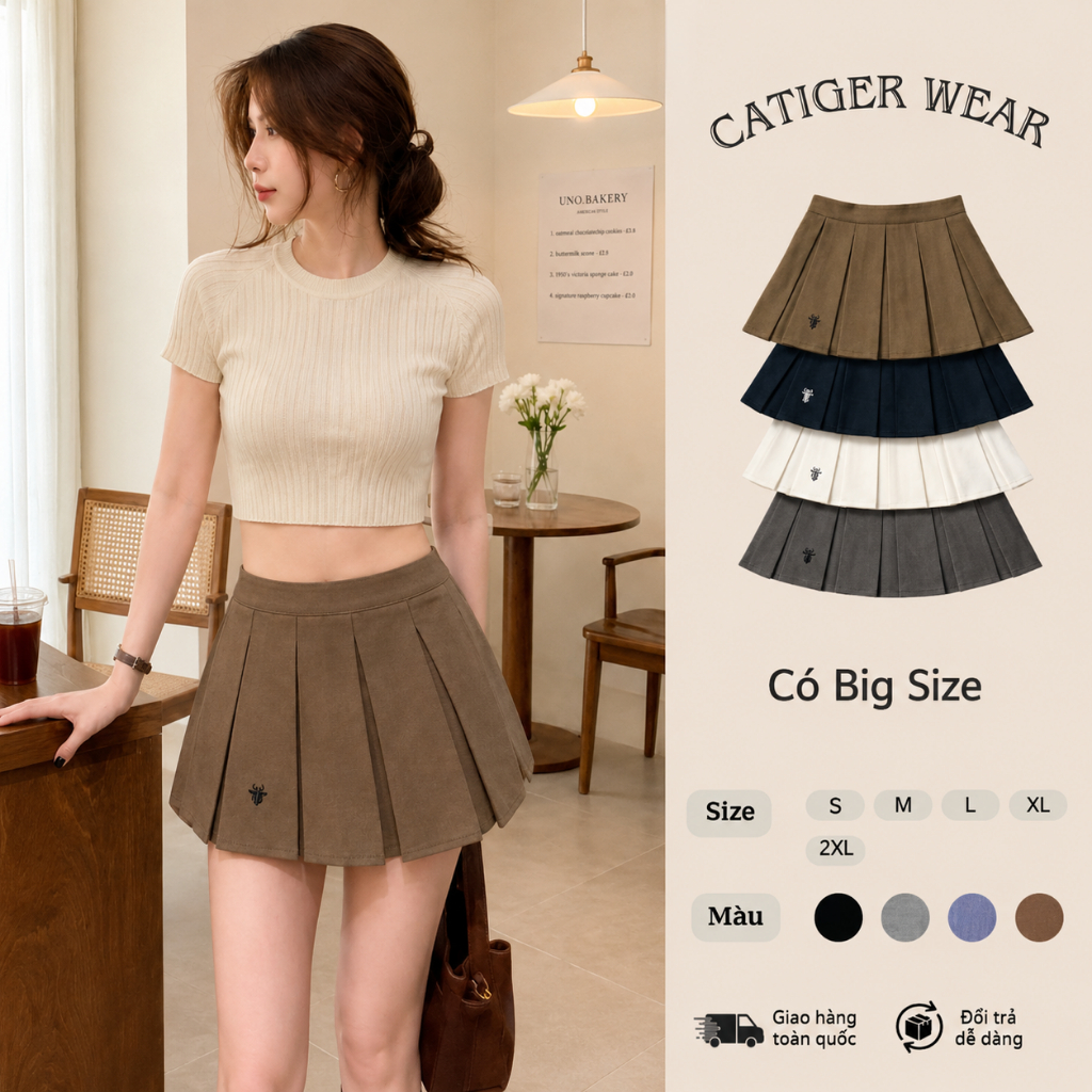 [Deal Mở Bán] Chân Váy Xếp Ly Thêu Ong Cạp Cao Có Quần Bảo Hộ Vải Tuyết Mưa Dáng Chữ A Hàn Quốc Có Bigsize TL888