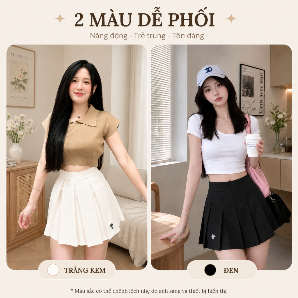 [Deal Mở Bán] Chân Váy Xếp Ly Thêu Ong Cạp Cao Có Quần Bảo Hộ Vải Tuyết Mưa Dáng Chữ A Hàn Quốc Có Bigsize TL888