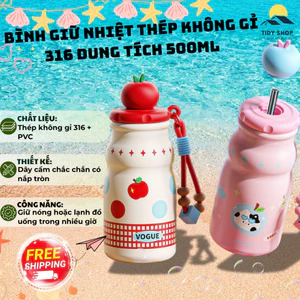 Bình Nước Giữ Nhiệt Inox 316 500ml Có Dây Đeo, TIDY SHOP, Bình Giữ Nhiệt Nắp Tròn Họa Tiết Dễ Thương