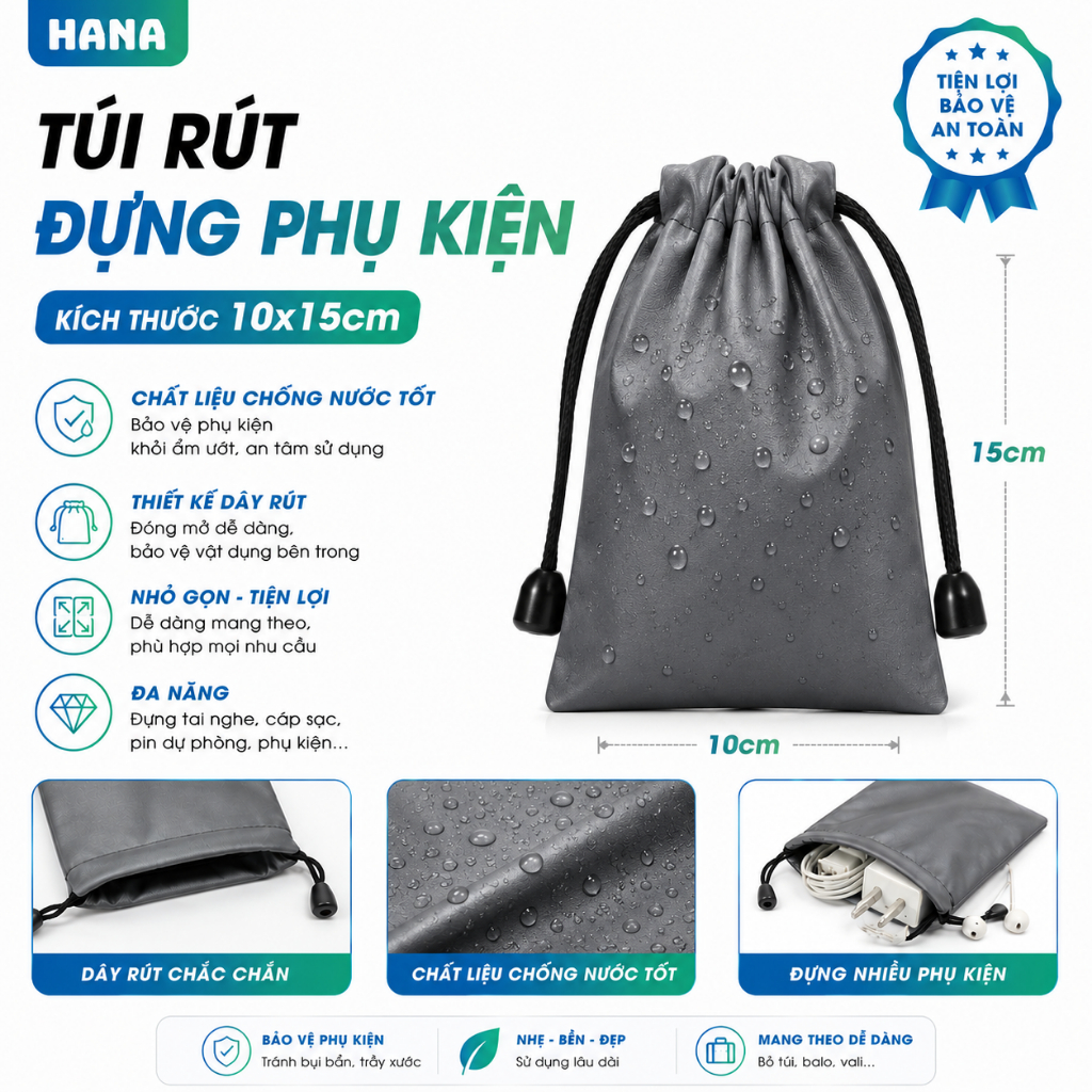 Túi rút chống nước vải nhung xám đựng sạc dự phòng, điện thoại