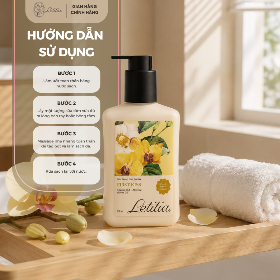 Sữa tắm nước hoa First Kiss Letitia lưu hương lâu - dưỡng ẩm dịu nhẹ - mềm mịn Size 350ml/100ml