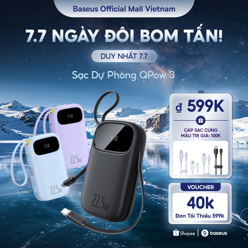 [45W MỚI VỀ] Baseus QPow3 Digital Display Power Bank with 2 Built-in USB-C Cables 20000 10000mAh 45W