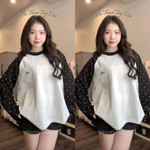 Áo Thun Thu Sweater Cổ Tròn In Sao Tay Phối Hoạ Tiết Chấm Bi, Phong Cách Cá Tính Trẻ Trung