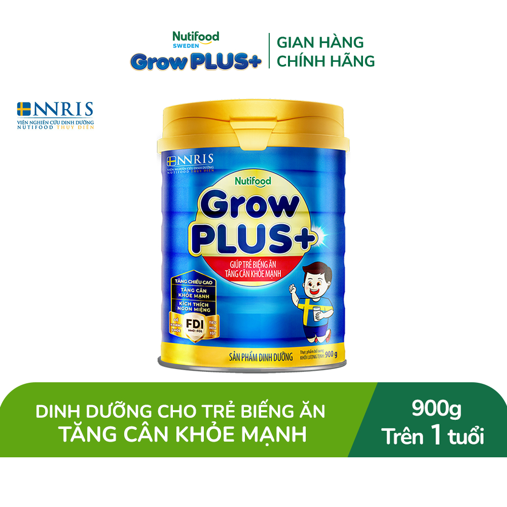 Sữa Bột Nutifood GrowPLUS+ Biếng Ăn (Xanh) 1+ - Tăng Cân Khỏe Mạnh (Lon 900g)