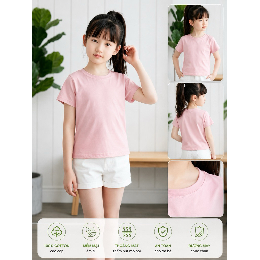 Áo Phông Trẻ Em Unisex Cotton 4 Chiều Co Giãn Mềm Mát - Áo Thun Bé Gái Bé Trai Basic Nhiều Màu Hot Trend