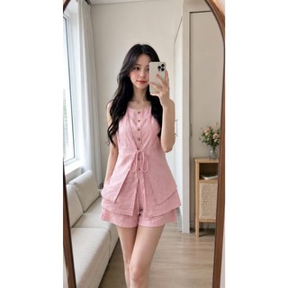 Set Linen Nút Gỗ Áo Sát Nách + Quần Short Freesize 40–75kg