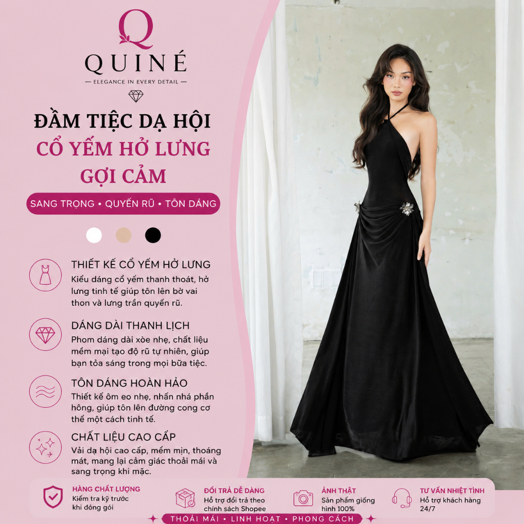 Đầm Tiệc Dạ Hội Cổ Yếm Hở Lưng Gợi Cảm Cao Cấp - Váy Dự Tiệc Sang Trọng Tôn Dáng Quyến Rũ Cho Nữ QUINÉ