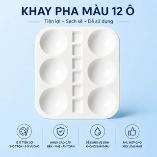 Bảng pha màu 12 ô hình chữ nhật - Khay pha màu nhựa trắng cho màu nước, màu acrylic, màu gouache, dụng cụ vẽ tranh