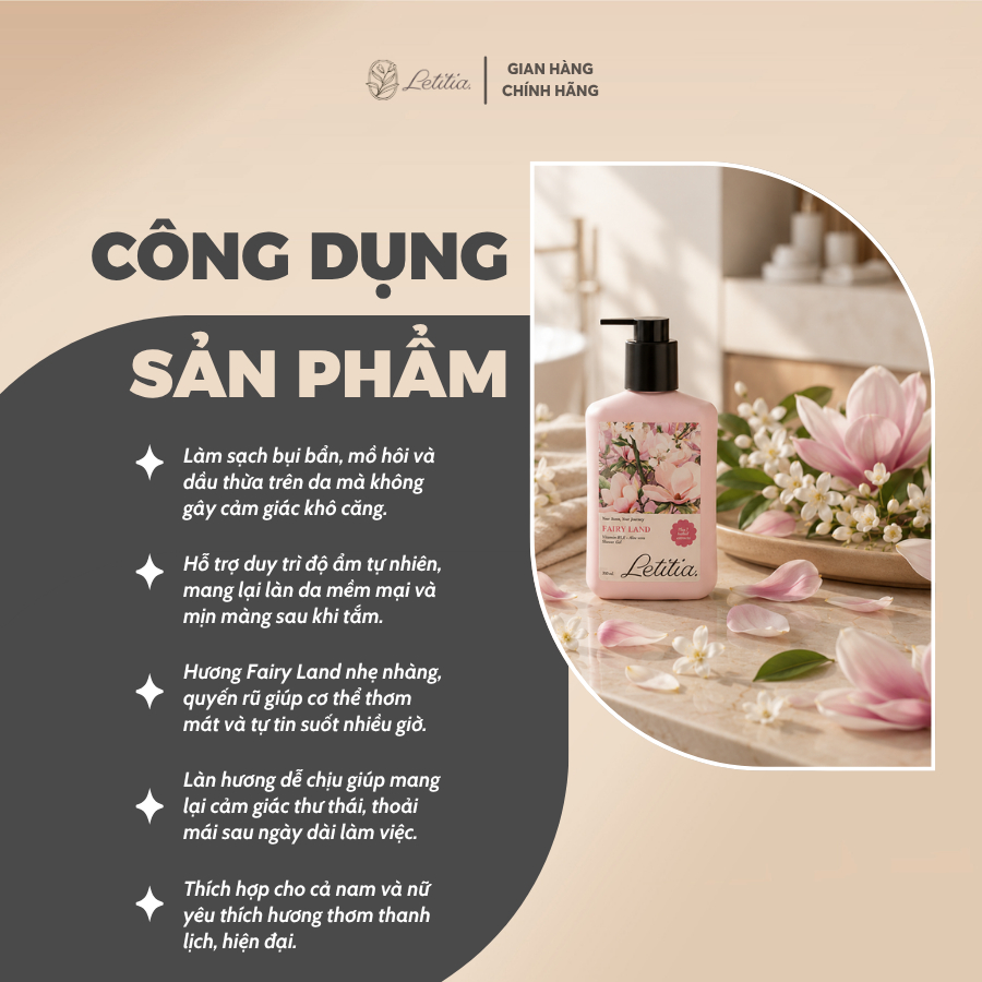 Sữa tắm nước hoa Fairy Land Letitia lưu hương thơm mát - dưỡng ẩm - làm sạch dịu nhẹ Size 350ml