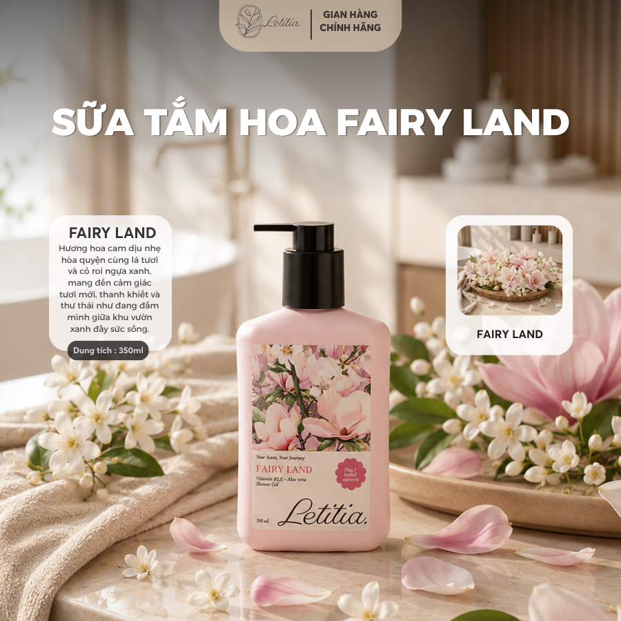 Sữa tắm nước hoa Fairy Land Letitia lưu hương thơm mát - dưỡng ẩm - làm sạch dịu nhẹ Size 350ml
