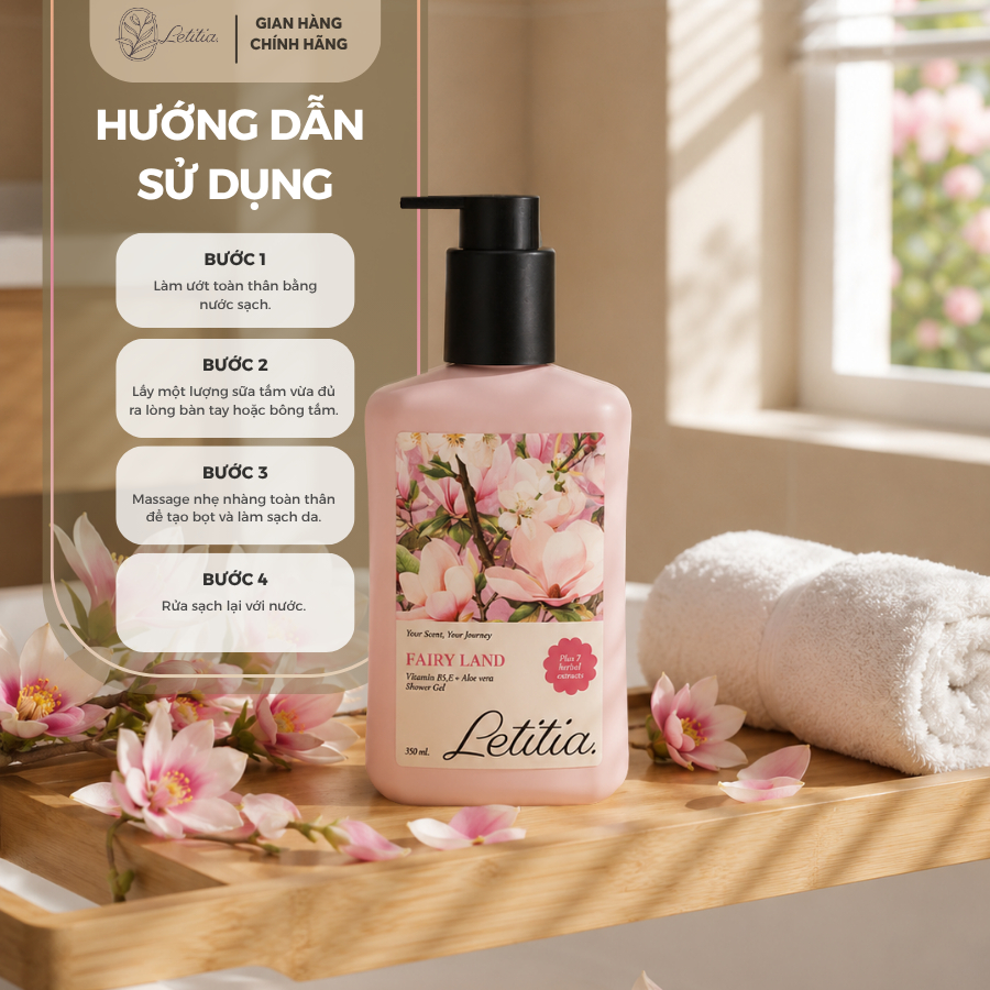Sữa tắm nước hoa Fairy Land Letitia lưu hương thơm mát - dưỡng ẩm - làm sạch dịu nhẹ Size 350ml