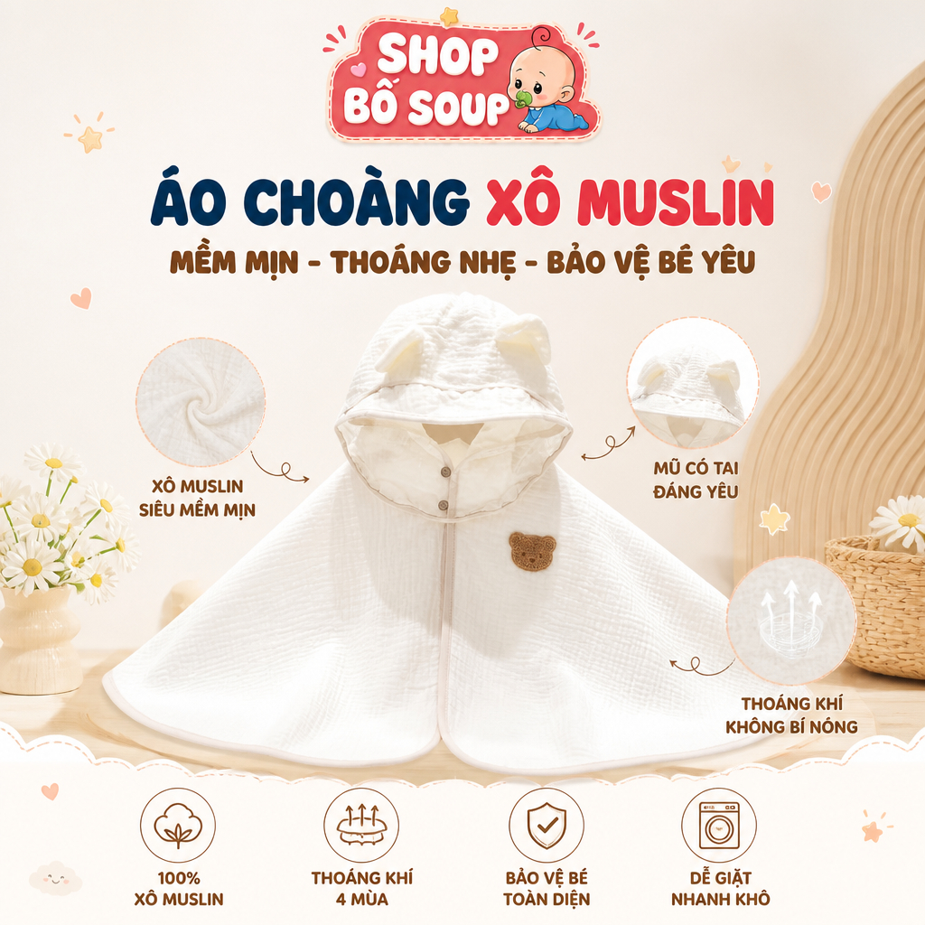 Áo choàng xô muslin tránh gió, tránh nắng kèm mũ chắn giọt bắn mềm mại cho bé