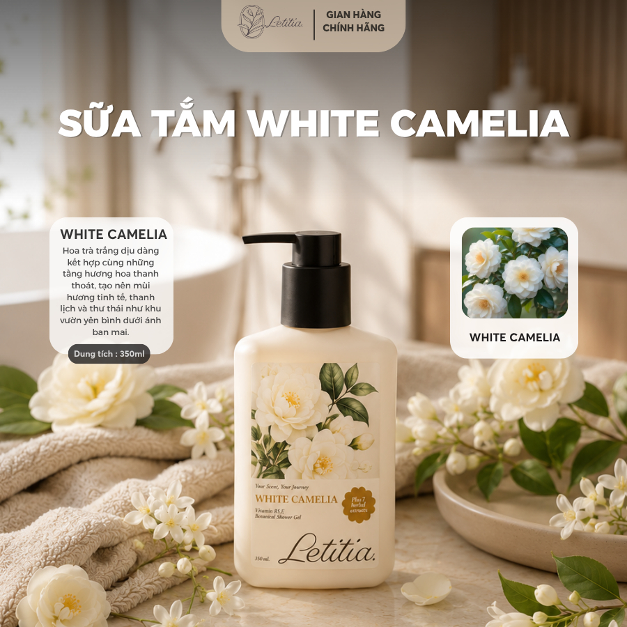Sữa tắm thiên nhiên dành cho da nhạy cảm White Camelia Letitia giúp da trắng sáng - mềm mịn 350ml