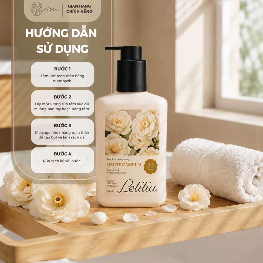 Sữa tắm thiên nhiên dành cho da nhạy cảm White Camelia Letitia giúp da trắng sáng - mềm mịn 350ml