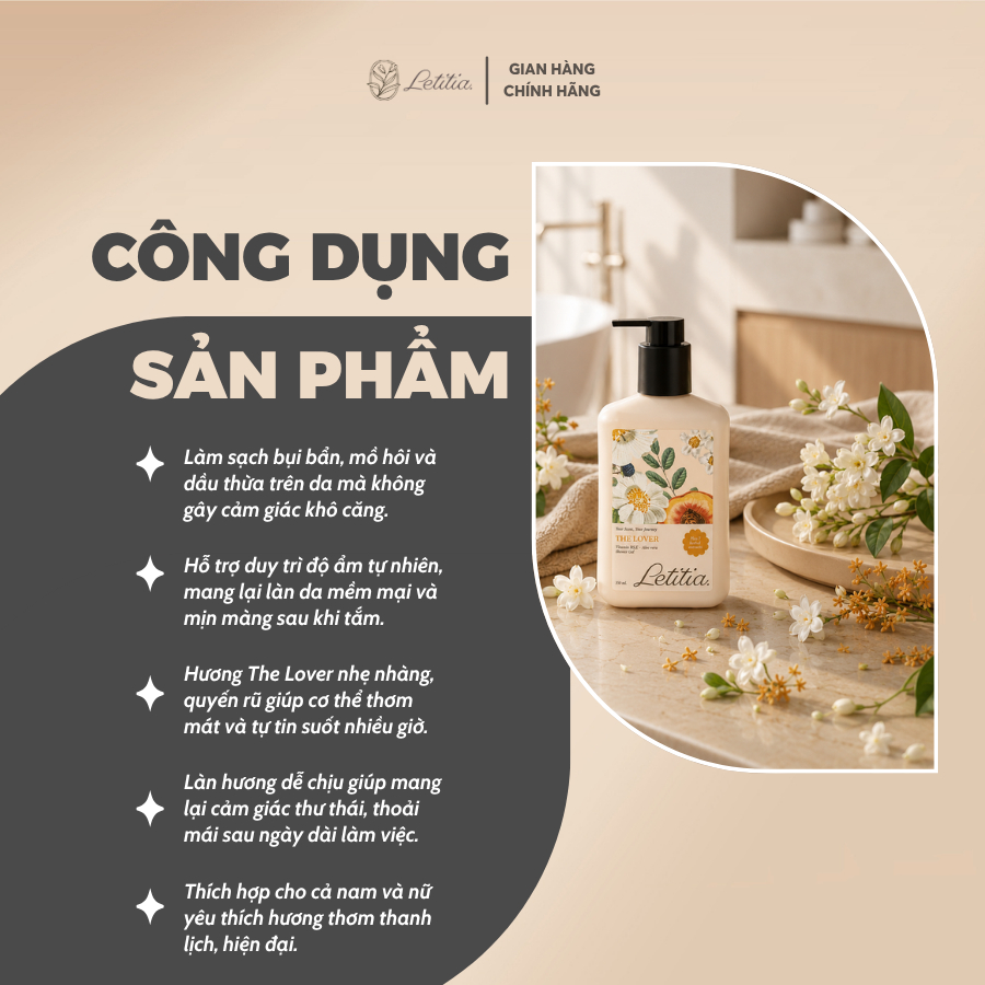 Sữa tắm nước hoa The Lover Letitia lưu hương thơm mát - dưỡng ẩm - làm sạch dịu nhẹ 350ml