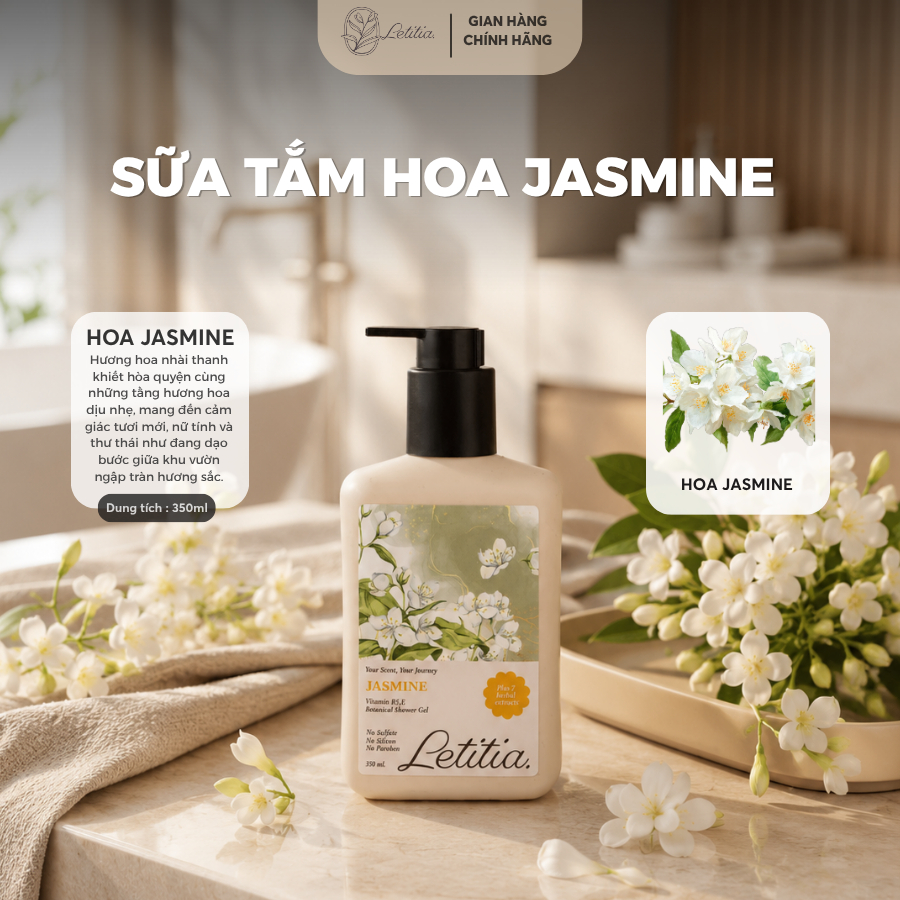 Sữa Tắm Nước Hoa Jasmine Letitia lưu hương thơm mát - dưỡng ẩm - làm sạch dịu nhẹ 350ml