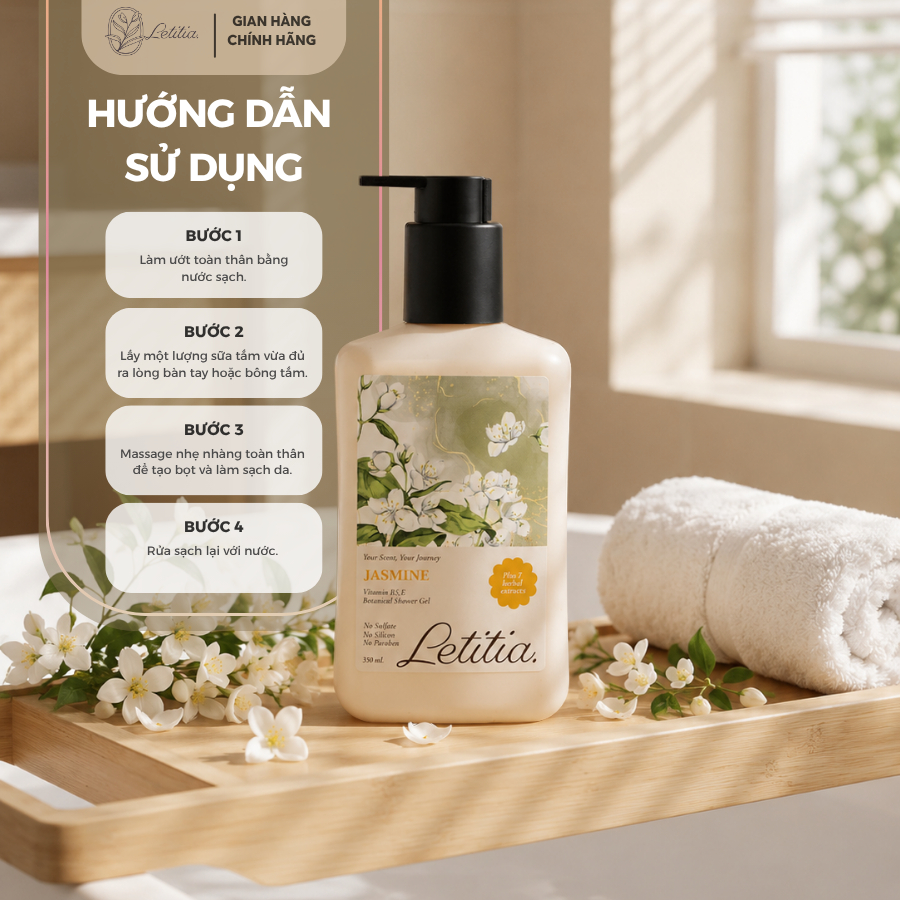 Sữa Tắm Nước Hoa Jasmine Letitia lưu hương thơm mát - dưỡng ẩm - làm sạch dịu nhẹ 350ml
