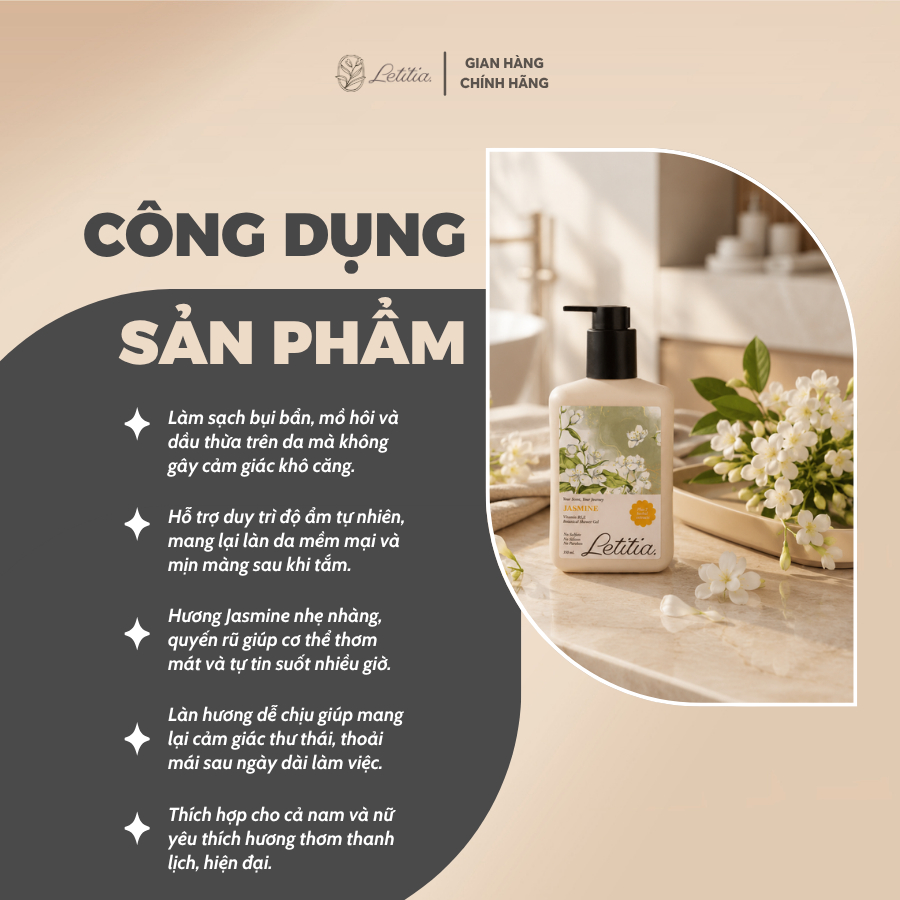 Sữa Tắm Nước Hoa Jasmine Letitia lưu hương thơm mát - dưỡng ẩm - làm sạch dịu nhẹ 350ml