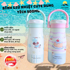 Bình Giữ Nhiệt Cute 500ml Inox 316 Có Quai Xách Nhỏ Gọn Đi Học Đi Làm, TIDY SHOP, Cốc Giữ Nhiệt Học Sinh
