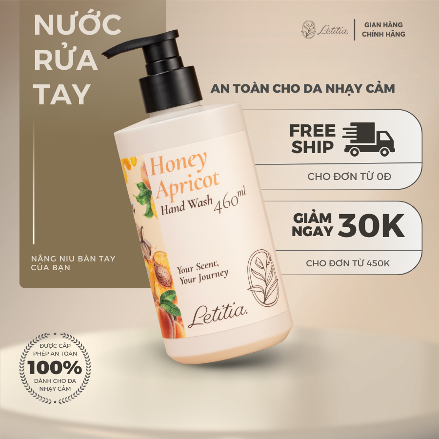 Nước Rửa Tay Honey Apricot - Letitia 3 Tầng Hương Thơm Giúp Thanh mát, Thư Giãn Size 460ml