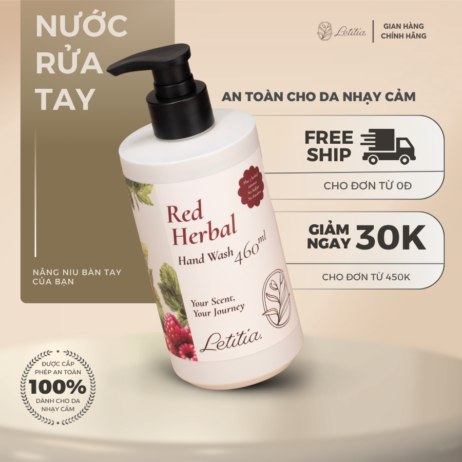 Nước Rửa Tay Thiên Nhiên Red Herbal - Letitia 3 Tầng Hương Thơm Giúp Thanh mát, Thư Giãn Size 460ml