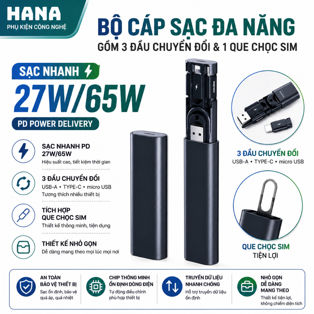 Bộ cáp sạc dạng kéo đa năng mini có 3 đầu chuyển đổi: Type C, Micro dễ dàng khi sạc nhiều thiết bị