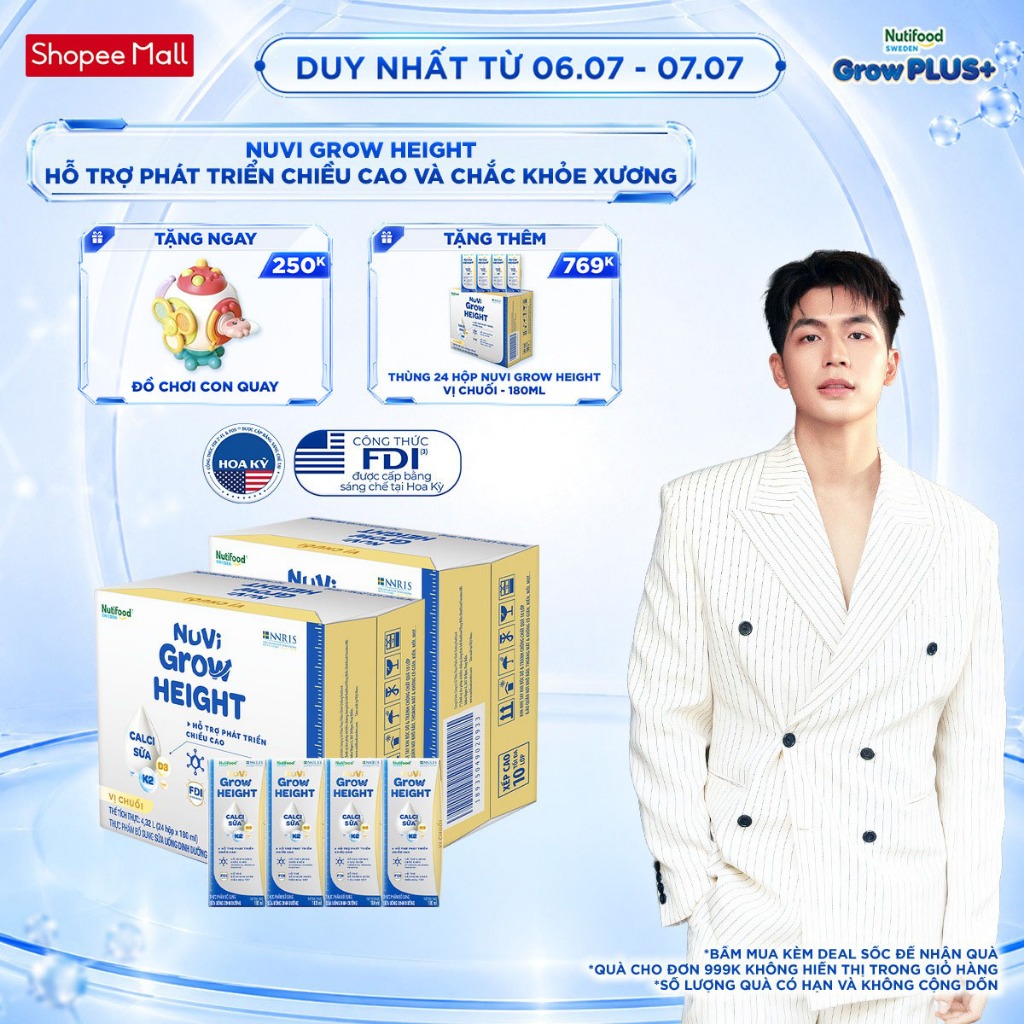 Combo 2 Thùng 24 hộp SBPS Nuvi Grow Height vị chuối 1+ hỗ trợ phát triển chiều cao hộp 180ml