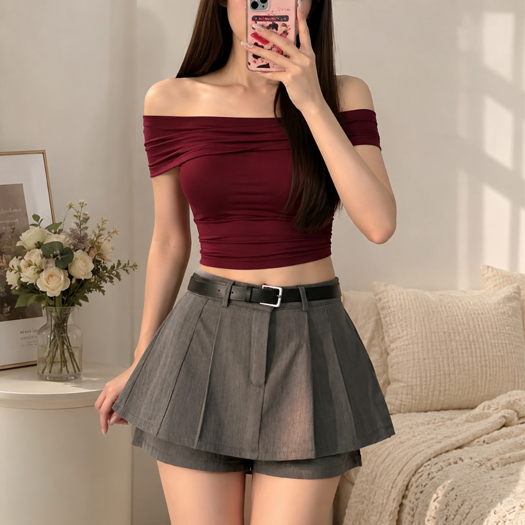[TẶNG ĐAI LƯNG] Quần Váy Nữ Thiết Kế 2 Tầng Cạp Cao Chất Liệu Xước Hàn Có Quần Short Chống Lộ Khóa Kéo Sau Tôn Dáng Phon