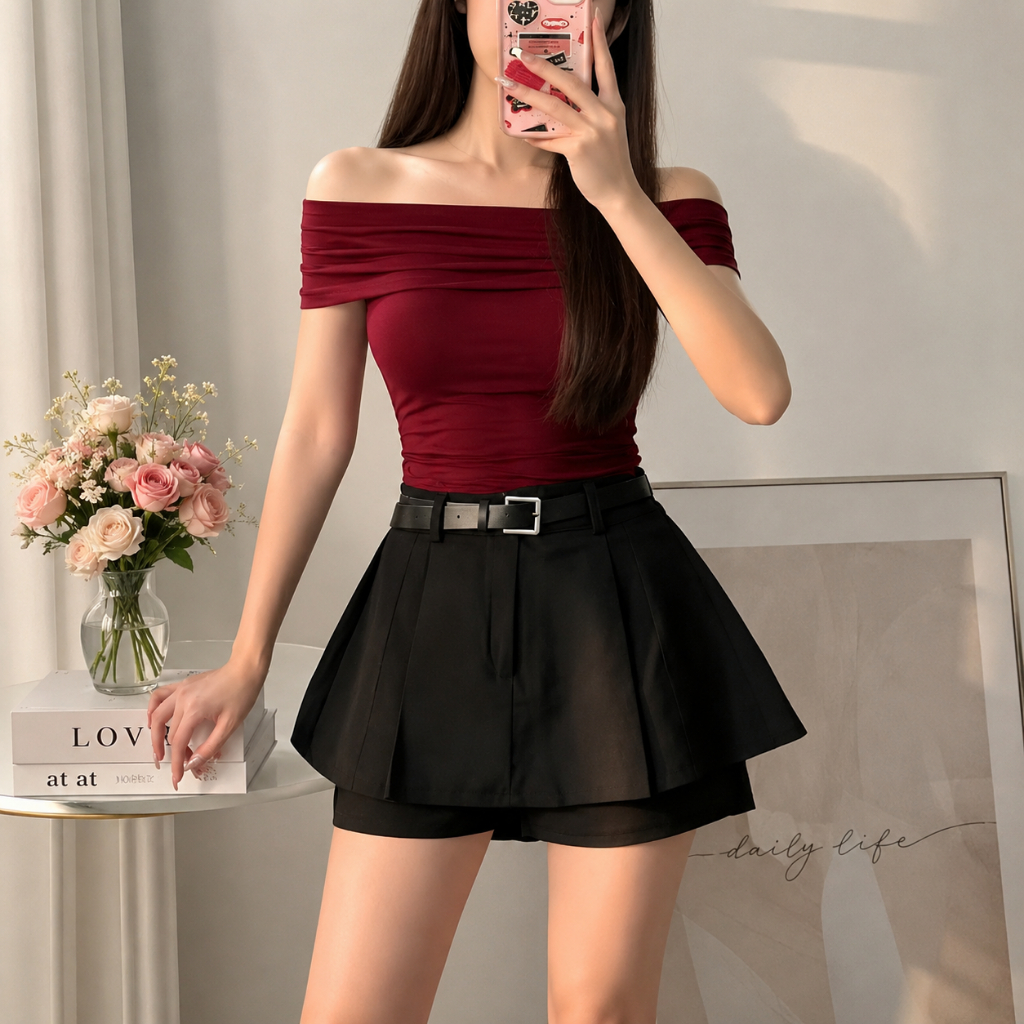 [TẶNG ĐAI LƯNG] Quần Váy Nữ Thiết Kế 2 Tầng Cạp Cao Chất Liệu Xước Hàn Có Quần Short Chống Lộ Khóa Kéo Sau Tôn Dáng Phon