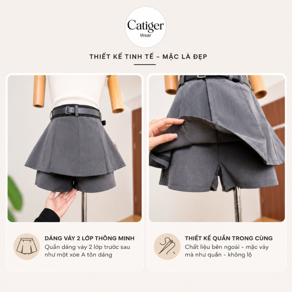 [TẶNG ĐAI LƯNG] Quần Váy Nữ Thiết Kế 2 Tầng Cạp Cao Chất Liệu Xước Hàn Có Quần Short Chống Lộ Khóa Kéo Sau Tôn Dáng Phon