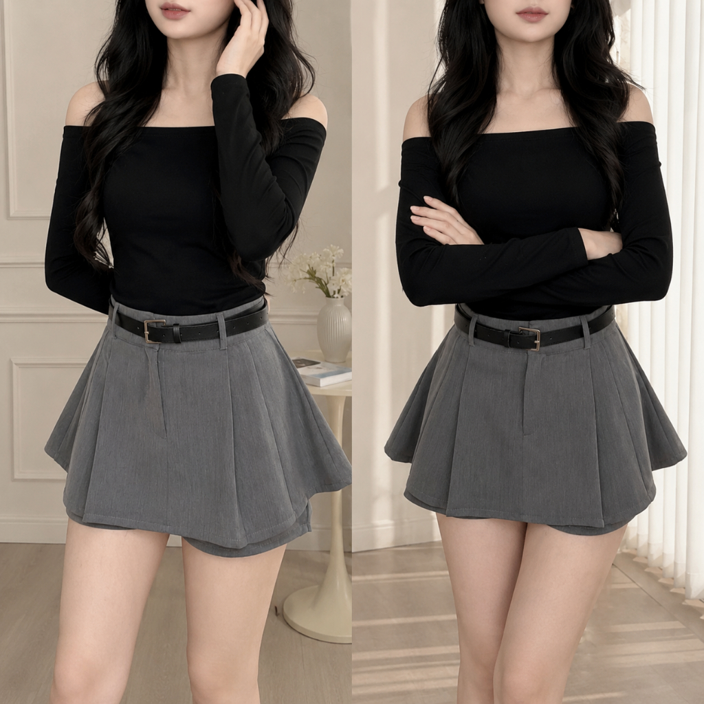[TẶNG ĐAI LƯNG] Quần Váy Nữ Thiết Kế 2 Tầng Cạp Cao Chất Liệu Xước Hàn Có Quần Short Chống Lộ Khóa Kéo Sau Tôn Dáng Phon