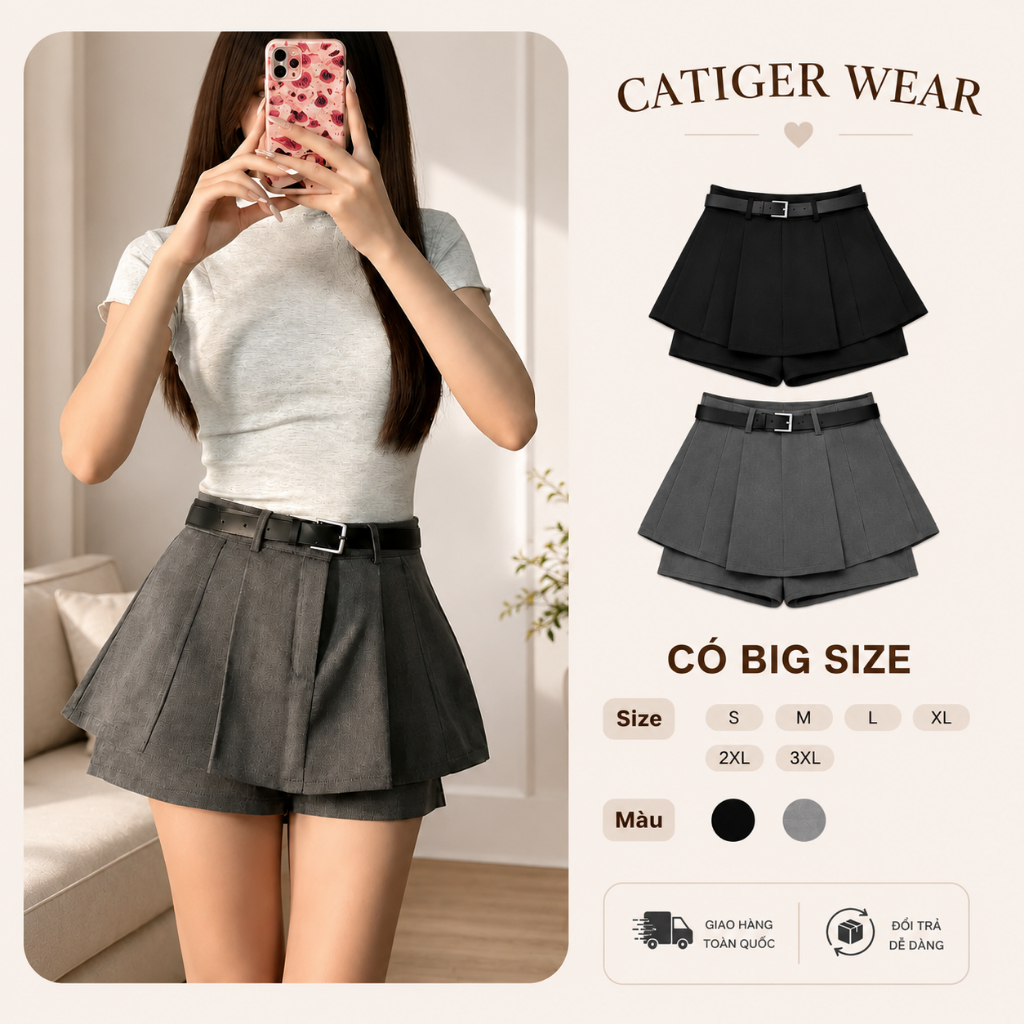 [TẶNG ĐAI LƯNG] Quần Váy Nữ Thiết Kế 2 Tầng Cạp Cao Chất Liệu Xước Hàn Có Quần Short Chống Lộ Khóa Kéo Sau Tôn Dáng Phon